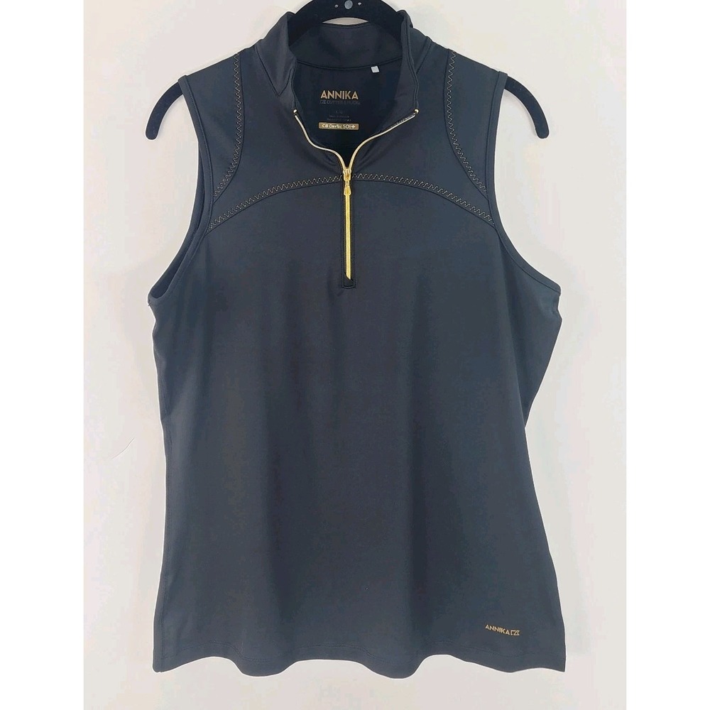 Annika Cutter And Buck Women's L Dry Tec 50+  Black Gold Active Golf Top